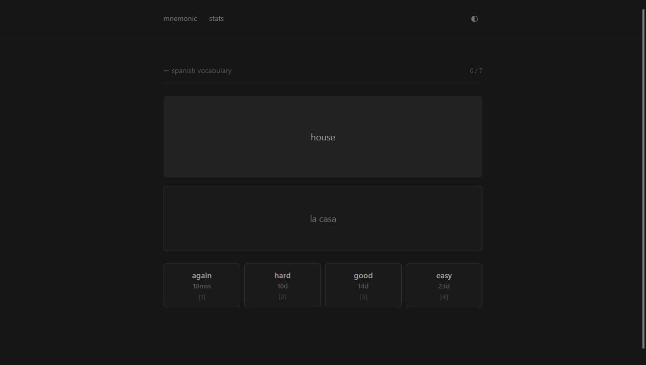 a flashcard with the answer revealed and four rating buttons showing the next interval for each